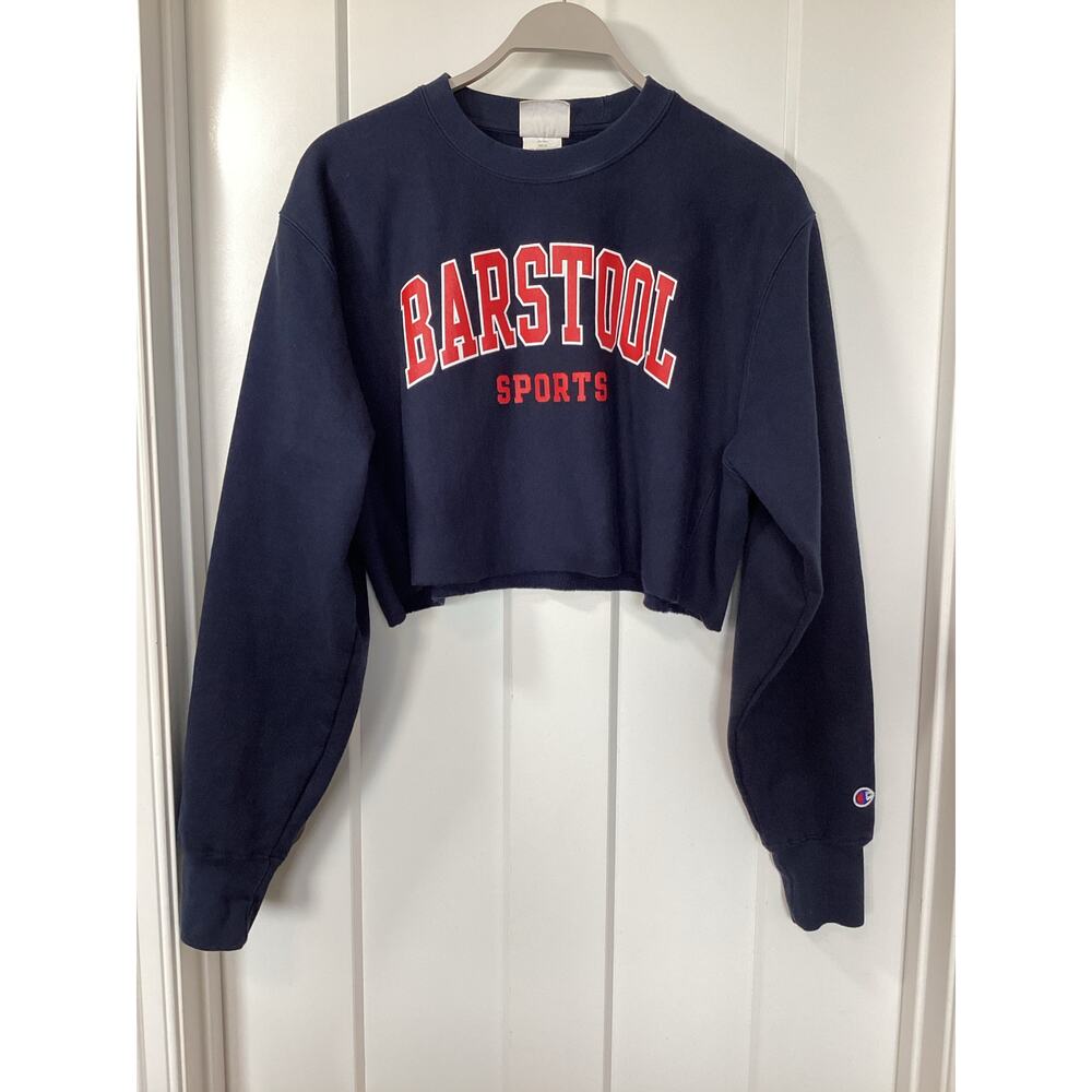 Champion Reverse Weave Barstool Sports Logo‎ Cropped Sweatshirt Navy Blue Medium